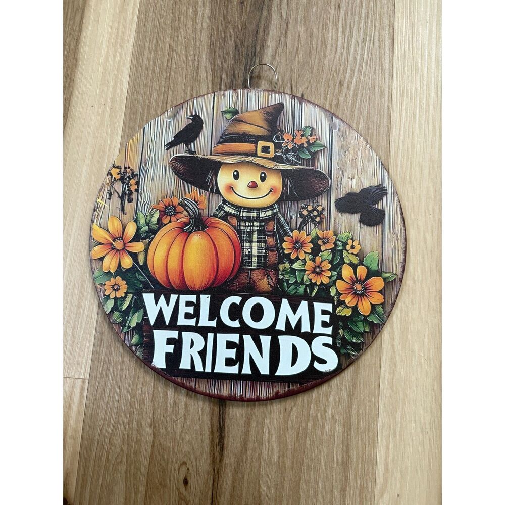 "Welcome Friends" Scarecrow & Pumpkin 8" Round Metal Sign – Fall Harvest Decor!